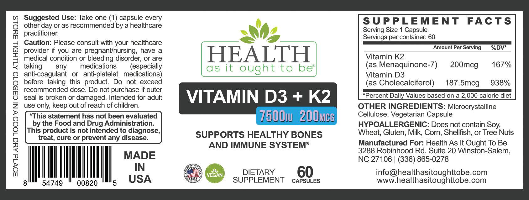 HAIOTB D3+K2: Vitamin D3 7500 IU (188mcg) + K2 200 mcg- 60 Capsules - Health As It Ought to Be