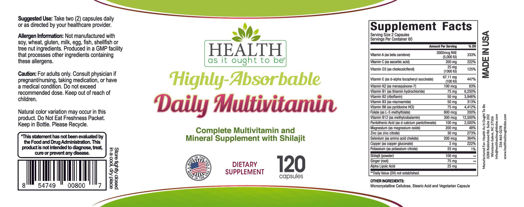 HAIOTB Highly-Absorbable Daily Multivitamin - 120 Capsules - Health As It Ought to Be