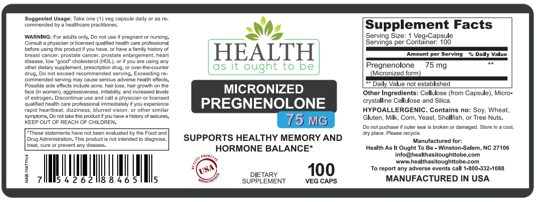 HAIOTB Micronized Pregnenolone 75 mg - 100 Vegan Capsules - Health As It Ought to Be
