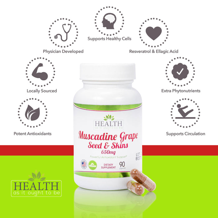 HAIOTB Muscadine Grape Seed & Skins 650 mg - 90 Capsules - Health As It Ought to Be
