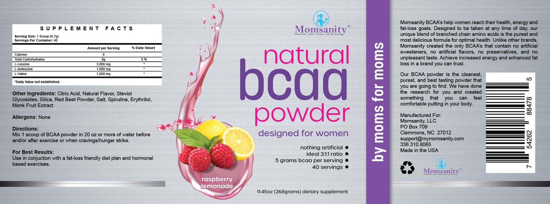 Momsanity Natural BCAA Powder - Naturally Flavored, Sweetened and Colored