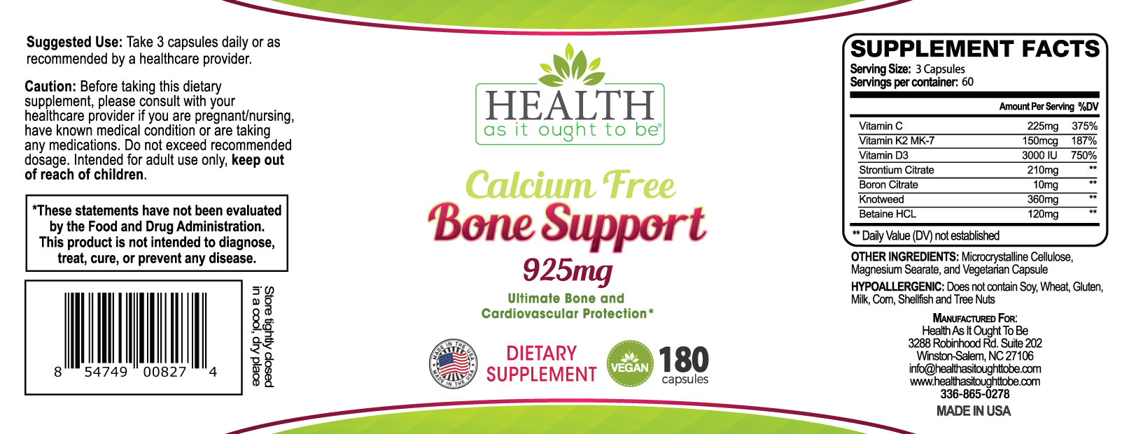 HAIOTB Calcium Free Bone Support 925 mg - 180 Capsules