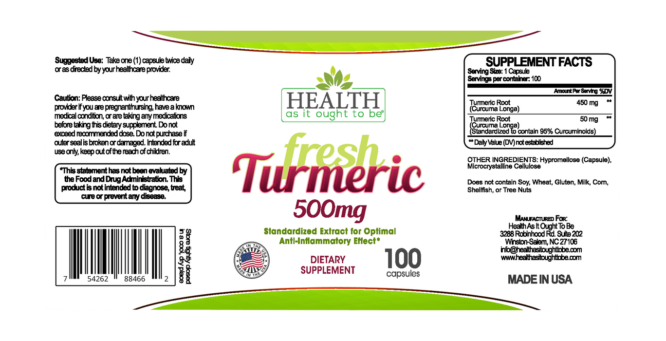 HAIOTB Fresh Turmeric 500 mg - 100 Capsules - Health As It Ought to Be