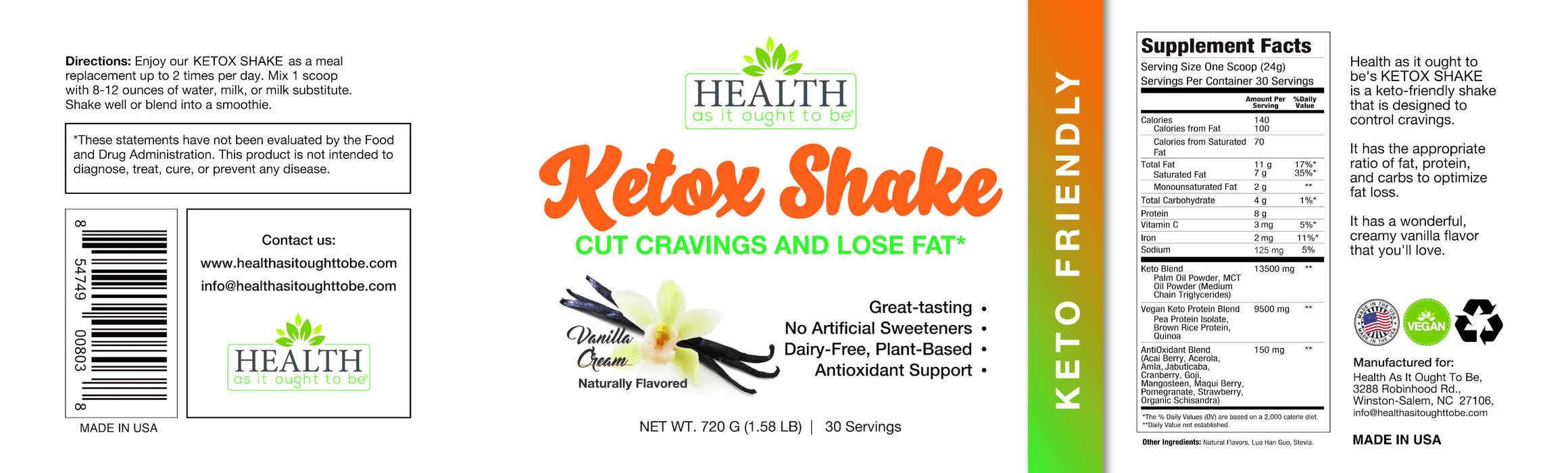 HAIOTB Ketox Shake: Ketogenic Protein Powder 30 Servings Vanilla Cream - Health As It Ought to Be
