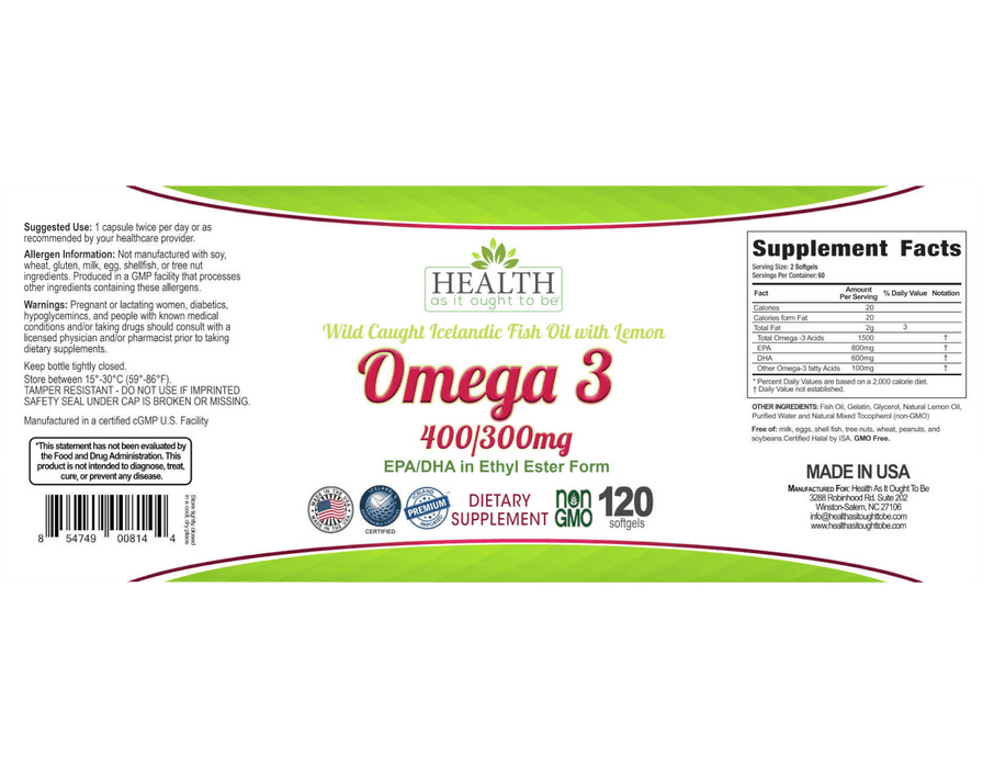 HAIOTB Omega 3 400/300 mg EPA/DHA in Ethyl Ester Form Wild Caught Icelandic Fish Oil with Lemon- 120 Capsules - Health As It Ought to Be