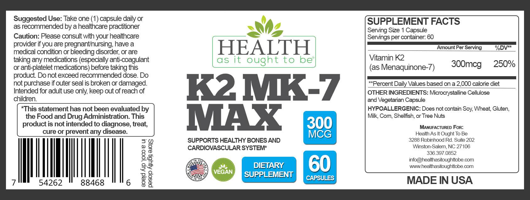 HAIOTB REFORMULATED High Dose Vitamin K2 MK7 MAX 300 mcg - 60 Vegan Capsules - Health As It Ought to Be