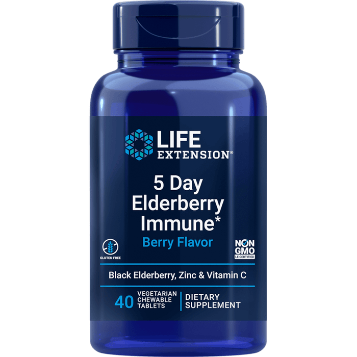 Life Extension 5 Day Elderberry Immune (Berry Flavor) - 40 Vegetarian Chewable Tablets - Health As It Ought to Be