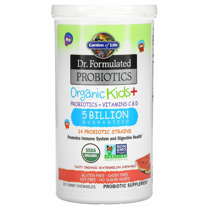Garden of Life Dr. Formulated Probiotics Organic Kids+ Shelf-Stable Watermelon - 30 Chewables - Health As It Ought to Be